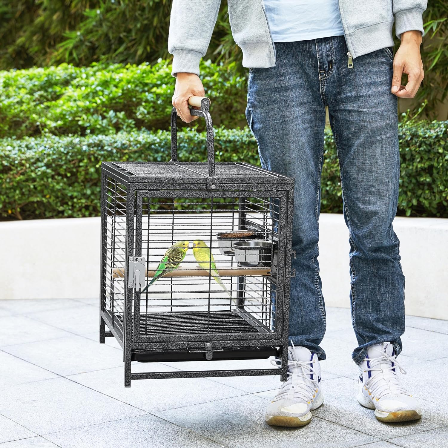 Yaheetech 25.5'' Wrought Iron Bird Travel Carrier Cage Parrot Cage with Handle Wooden Perch & Seed Guard for Small Parrots Canaries Budgies Parrotlets Lovebirds Conures Cockatiels - Happypetzone.online - Image 2