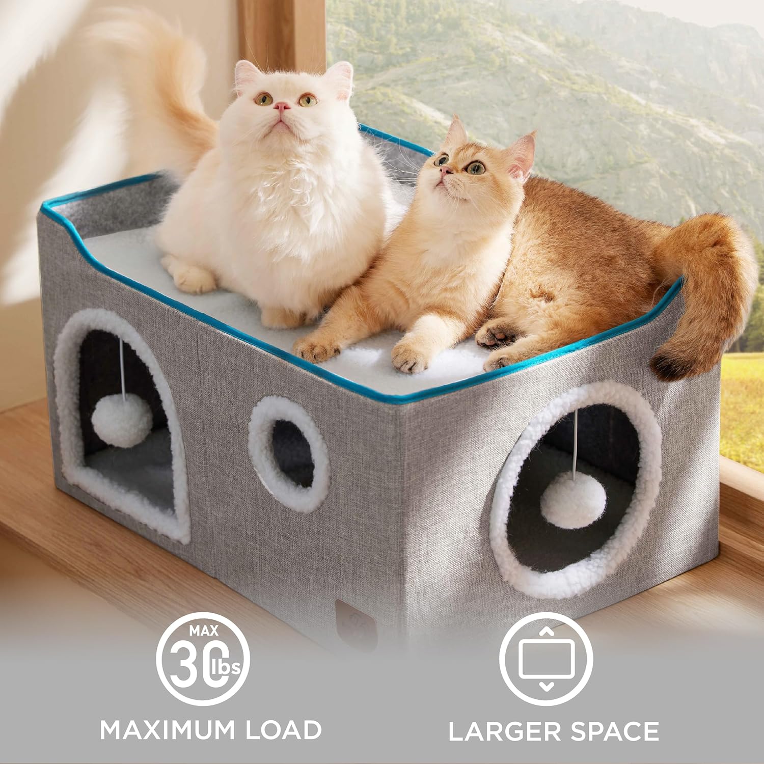 Bedsure Large Cat Beds for Indoor Cats - Extra Wide Cat Cube House for Small Pet with Fluffy Ball Hanging and Scratch Pad, Foldable Pet Cave Hideaway for Multiple Cats, 23.6x16.9x13 inches, Grey - Happypetzone.online - Image 4