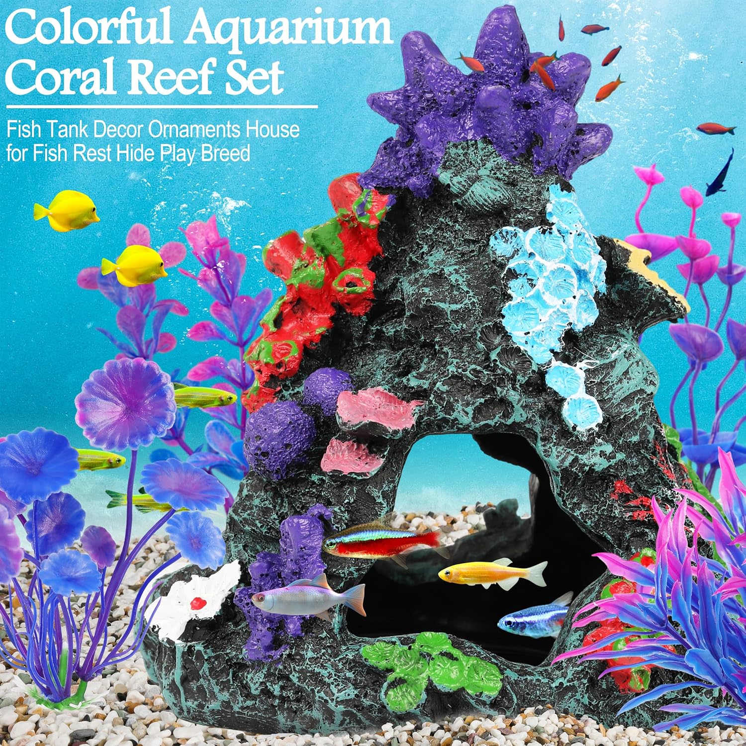 MyLifeUNIT Fish Tank Decorations, 7 Pieces Aquarium Plants Set with Coral Reef Decoration Mountain Cave Ornament for Betta, Goldfish, Shrimp to Breed, Play and Rest (Purple) - Happypetzone.online - Image 3