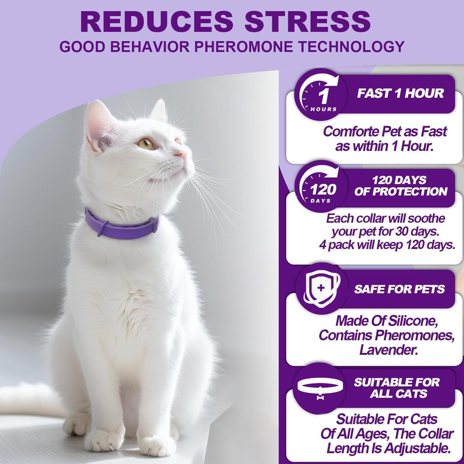 Cat Calming Collar, Calming Collar for Cats 4 Pack, Pheromone Collars for Cats – Adjustable 15″, 60-Day Lasting Stress & Anxiety Relief, Reduce Noise Fear, Scratching & Separation Anxiety (Pruple) - Happypetzone.online - Image 3
