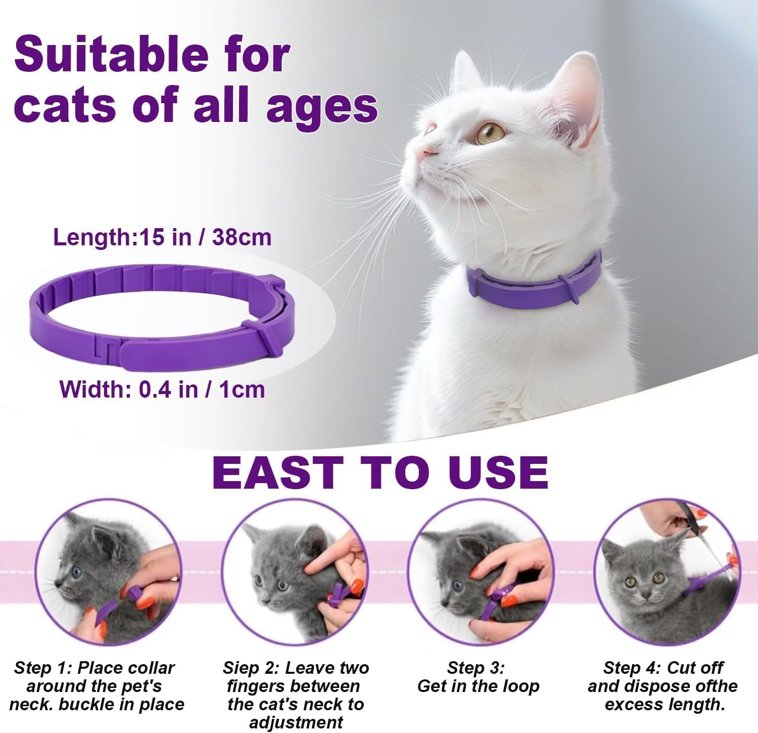 Cat Calming Collar, Calming Collar for Cats 4 Pack, Pheromone Collars for Cats – Adjustable 15″, 60-Day Lasting Stress & Anxiety Relief, Reduce Noise Fear, Scratching & Separation Anxiety (Pruple) - Happypetzone.online - Image 4