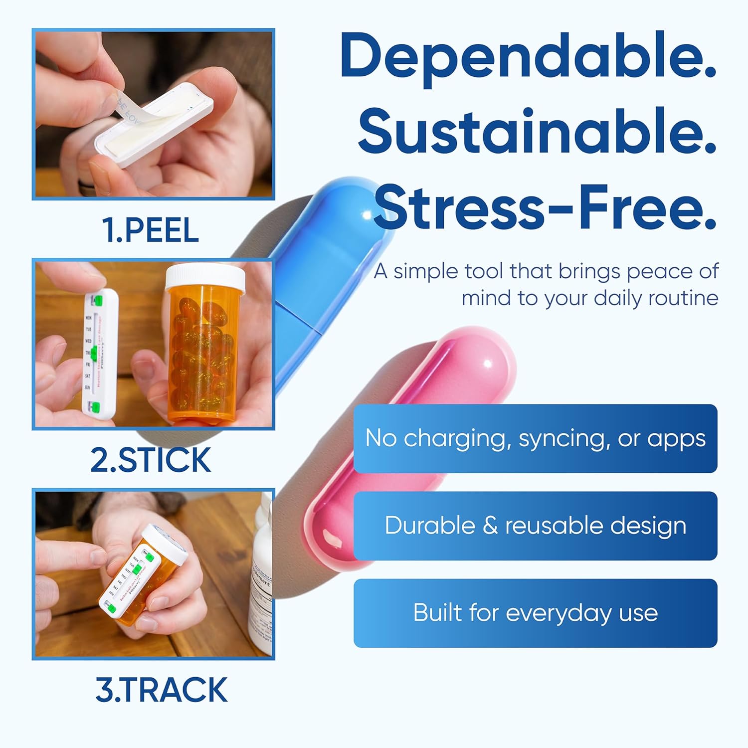 PillSavvy™ Daily Pill Tracker – Non-Digital, Reusable Medication Reminder for Bottles & Organizers – Easy to Use, Curved Back – Track Prescriptions, Vitamins, Supplements & Pet Meds (Pink, 2 Pack) - Happypetzone.online - Image 2