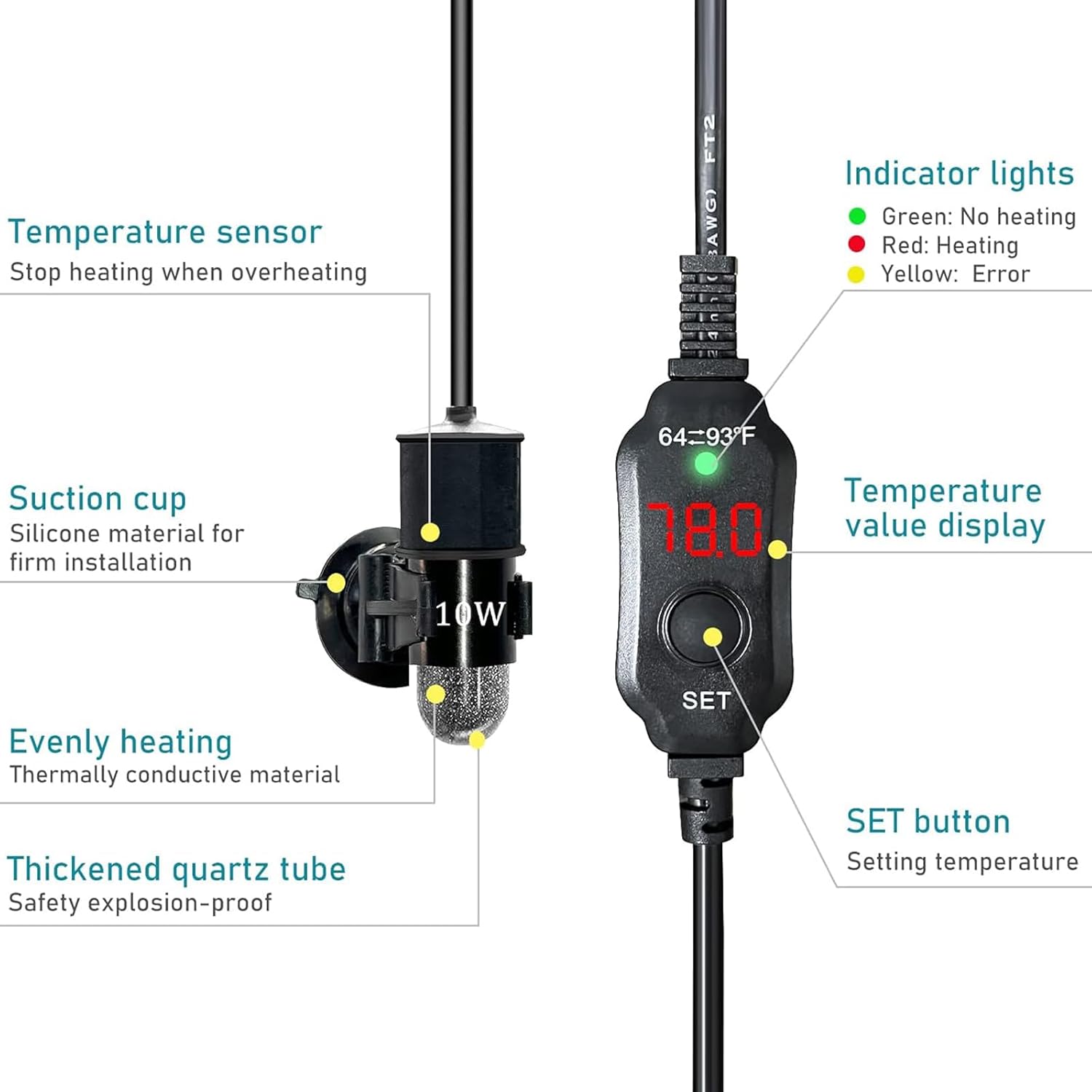 Mini Submersible Aquarium Heater, 25/50/100/150/200/300 Watts Adjustable Fish Tank Heater, Built-in Thermometer, External Temperature Controller, Smart Memory (10 Watts(USB)) - Happypetzone.online - Image 4