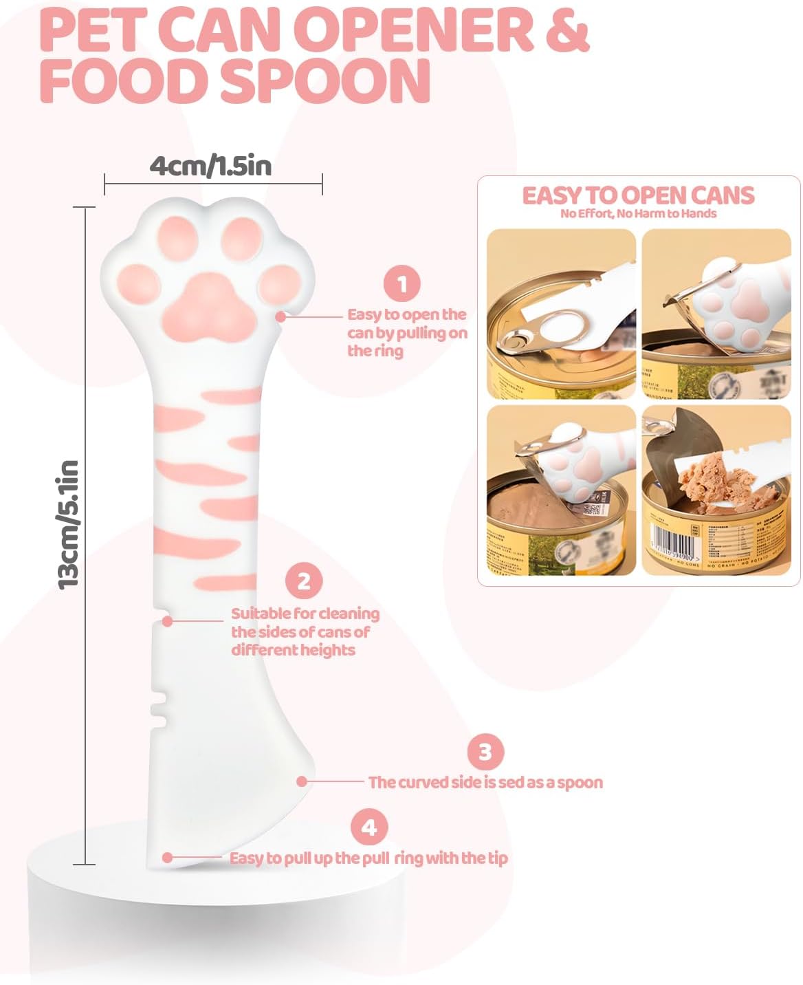 5 PCS Cat Food Can Covers Lids Set, Silicone Pet Food Can Lids with Multi-Function Cat Food Spoon and Opener, Cat Bar Squeezer, Stainless Steel Wet Food Spoon for Cats and Dogs (Pink) (Pink) - Happypetzone.online - Image 3