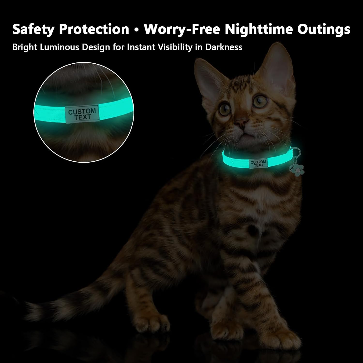 Custom Glow in the Dark Cat Collar with Breakaway Buckle Anti-Lost Nameplate Luminous Cat Collar - Adjustable Size (8-11 Inch) for Kittens Cats, Personalized Laser Engraving ID Tag & Removable Bell - Happypetzone.online - Image 5