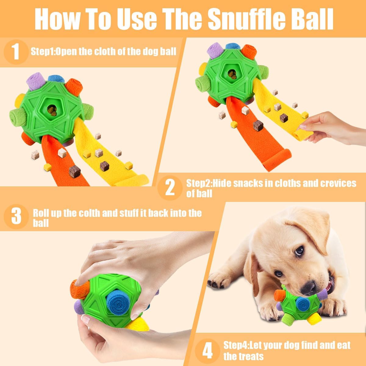 Dog Snuffle Ball-Interactive Puzzle Dog Toys Encourage Natural Foraging Skills Slow Feeder for Training and Stress Relief, Cloth Strip Hiding Food Chew Toys with Squeaky Carrot Toy for Any Size - Happypetzone.online - Image 4