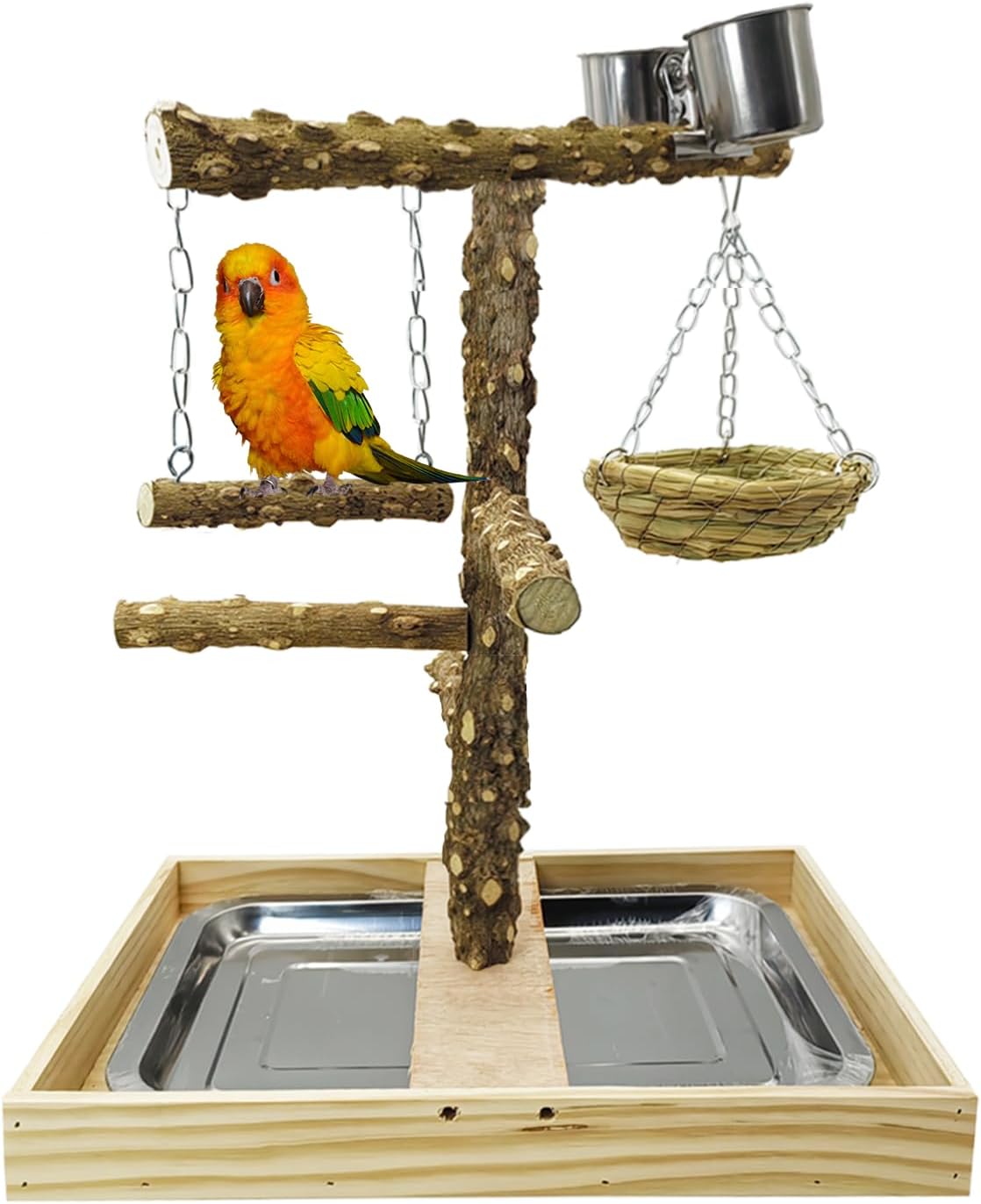 Tfwadmx Bird Perch Natural Wood Stand Toy Parrot Play Stand Platform and Hanging Bird Nests Bird Cage with Removable Tray and 2 Stainless Steel Cups for Parakeets Canaries Cockatiels Conure Lovebirds - Happypetzone.online - Image 7