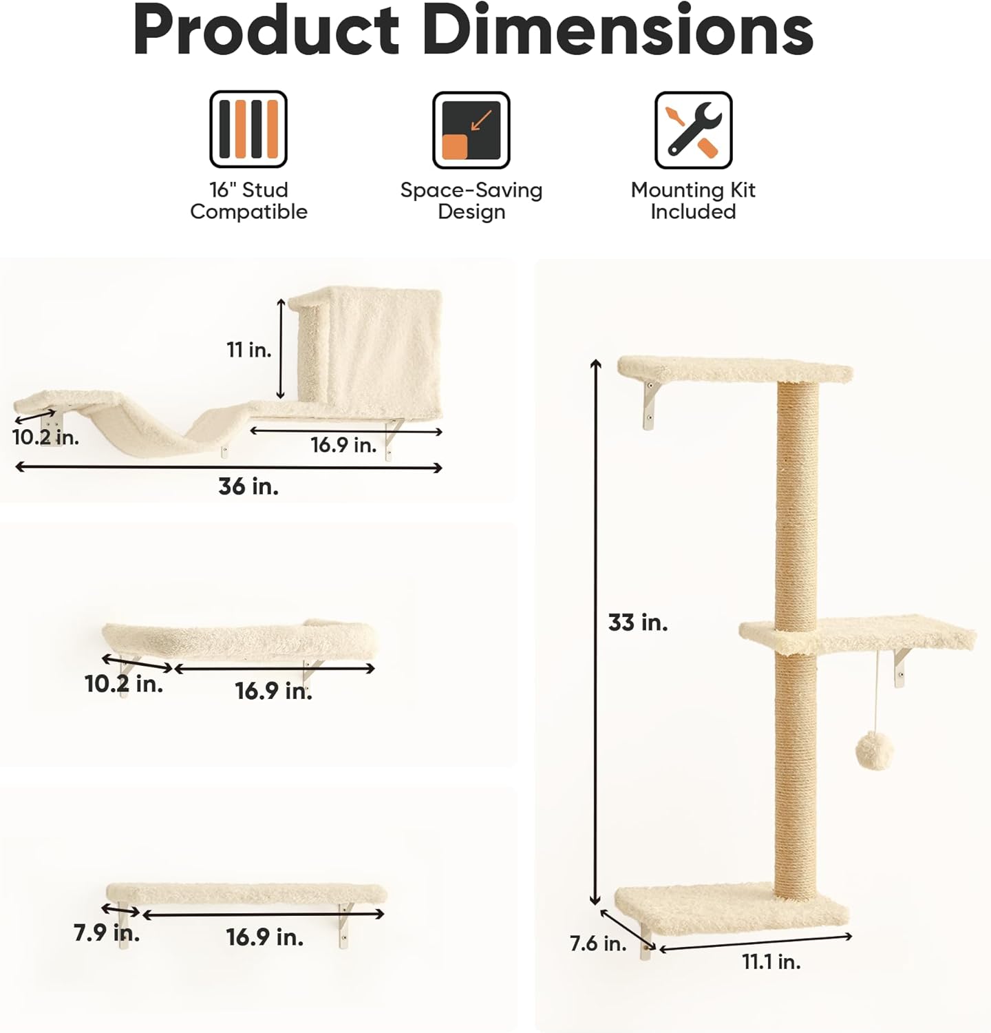 FUKUMARU Cat Wall Shelves, Stable & Safe 5 in 1 Cat Walls Furniture Set, Wooden Kitten Climbing Wall with Scratching Post for 16 Inch Drywall - Beige - Happypetzone.online - Image 5
