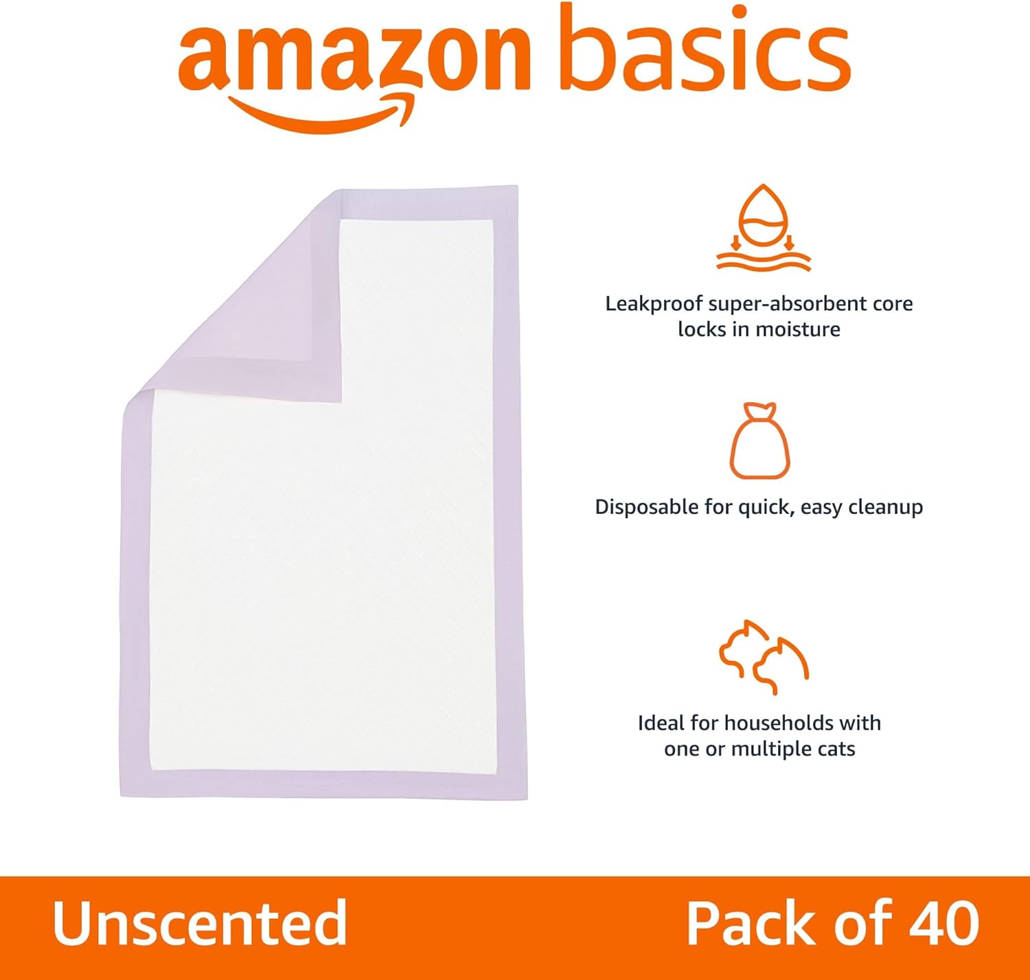 Amazon Basics Cat Pee Pads, Super Absorbent, Odor Control, Universal Fit for Litter Box, Disposable, Multi Cat, Unscented, Purple, 40 Count - Happypetzone.online - Image 2