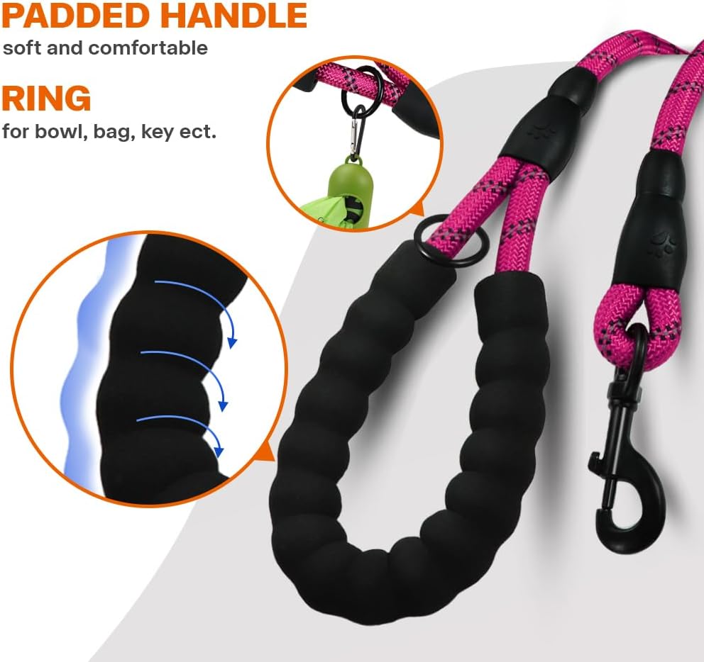 Taglory Rope Dog Leash 6 FT with Comfortable Padded Handle, Highly Reflective Threads Leash and Anti-Tangle Clip for Walking Medium Large Dogs, 1/2 inch, Hotpink - Happypetzone.online - Image 4
