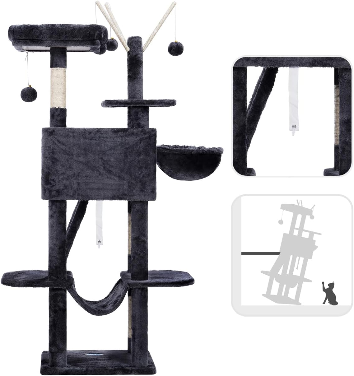 Hey-brother Cat Tree, 53 inch Cat Tower for Indoor Cats, Cat House with Padded Platform Bed, Toy Balls, Large Cozy Condo, Hammocks and Sisal Scratching Posts, Smoky Gray MPJ019-SG - Happypetzone.online - Image 6