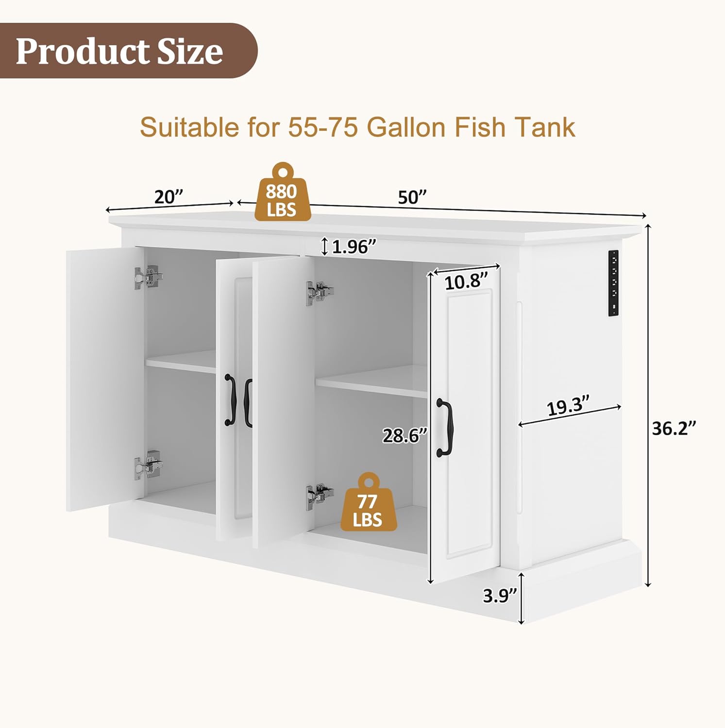 55-75 Gallon Fish Tank Stand with Power Outlet and 4 Cabinets, White Aquarium Stand with 4 AC 2 USB Ports, Heavy Duty Reptile Terrarium Cabinet, 880LBS Capacity, Aquarium Not Included - Happypetzone.online - Image 7