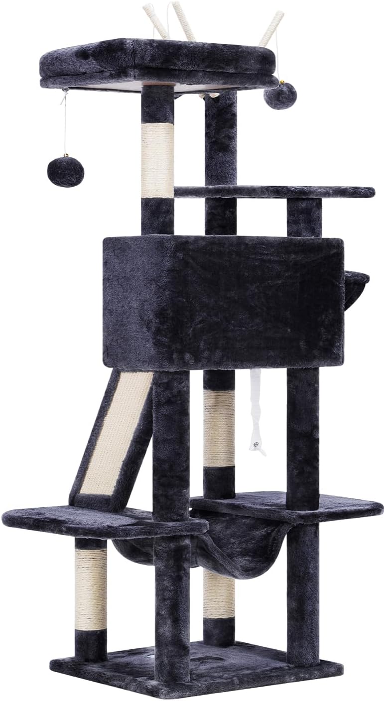 Hey-brother Cat Tree, 53 inch Cat Tower for Indoor Cats, Cat House with Padded Platform Bed, Toy Balls, Large Cozy Condo, Hammocks and Sisal Scratching Posts, Smoky Gray MPJ019-SG - Happypetzone.online - Image 9