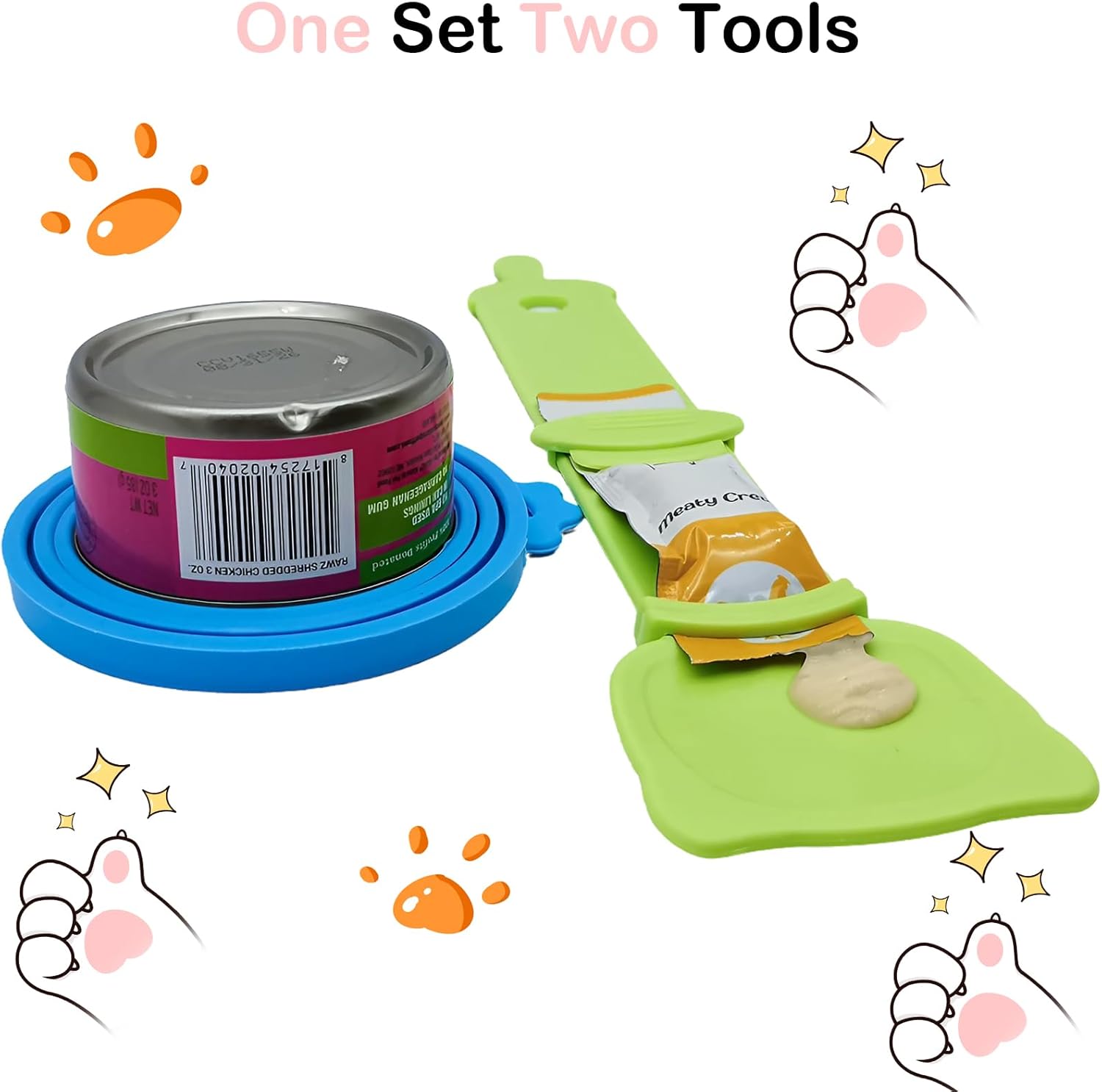 Universal Pet Food Can Lids - 3 Pcs, Squeezable Cat Treat Feeder & Spoon, Green/Blue/Orange Lids, Green Feeder - Happypetzone.online - Image 2