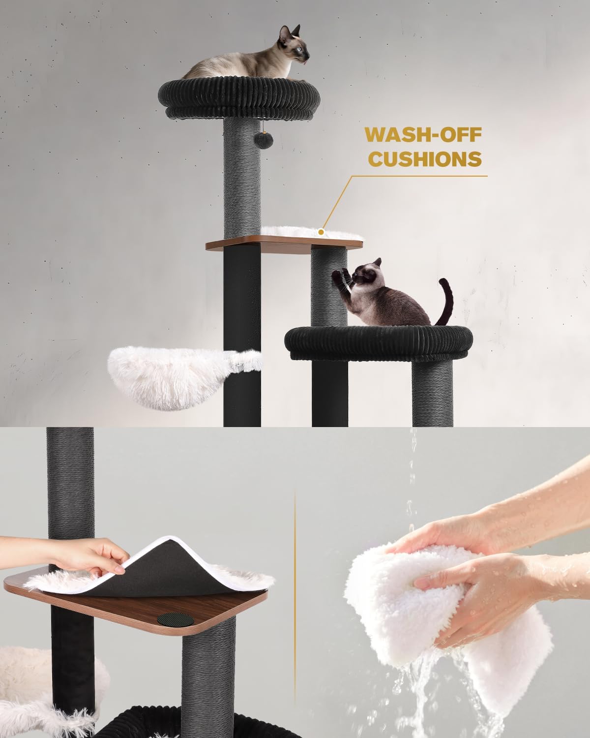 63" Modern Cat Tree Tower for Indoor Cats, Heavy Duty Cat Trees for Large Cat, Adult Maine Coon Cat Tree Tower with Scratching Post, Extra Large Top Perch, Cat Condos (Black) - Happypetzone.online - Image 6