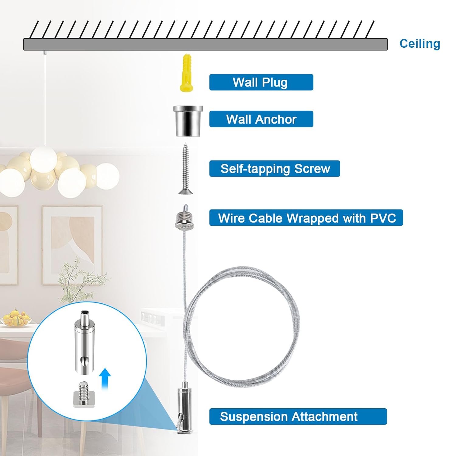 Ceiling Hanging Wire Cable Kit, 4 Sets Wire Cable Hanging System kit, Aquarium Light Hanging Kit, Adjustable Wire Rope for Linear Light, Panel, Pendant, Chandelier, Suspension Light Fixture - Happypetzone.online - Image 3