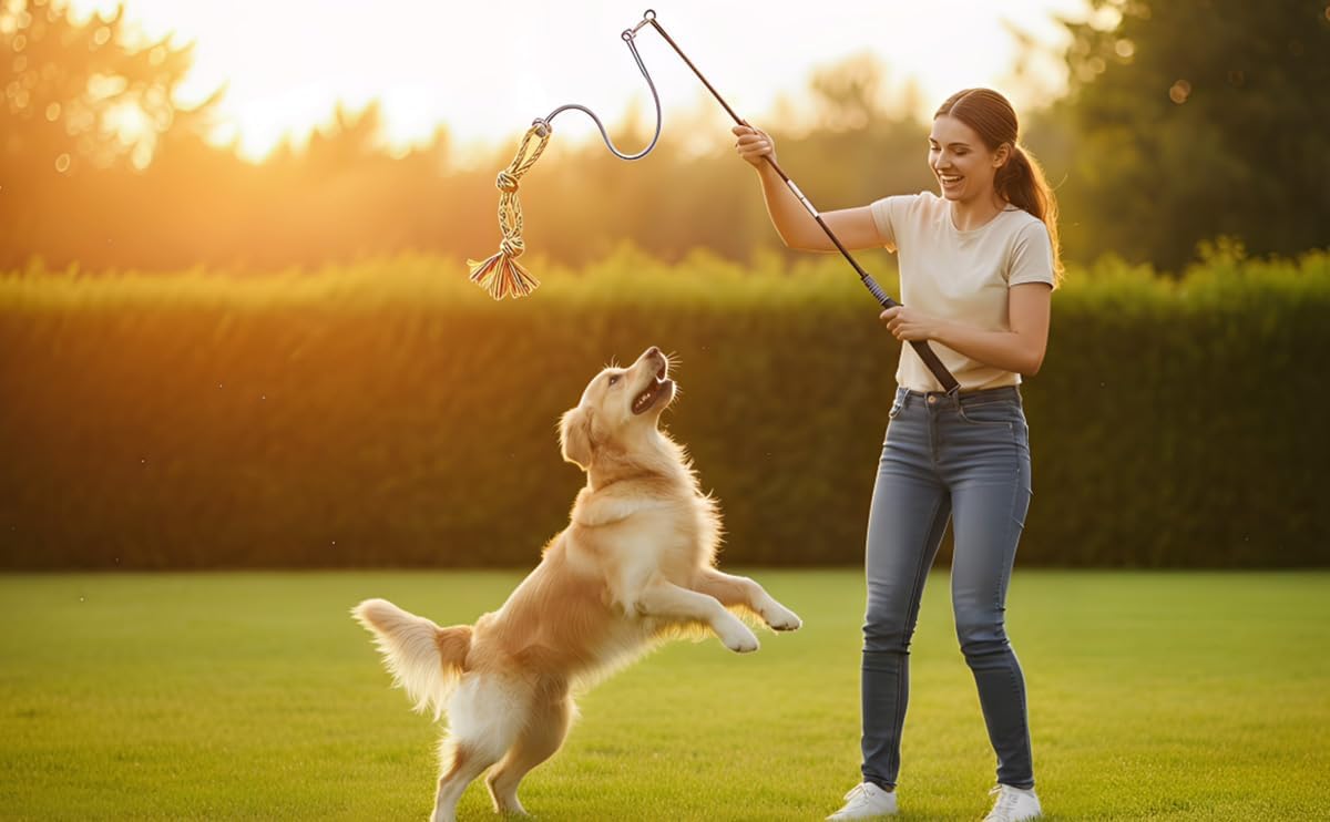 DIBBATU Flirt Pole for Dogs Interactive Dog Toys for Large Medium Small Dogs Chase and Tug of War, Dog Teaser Wand with Lure Chewing Toy for Outdoor Exercise & Training - Happypetzone.online - Image 5