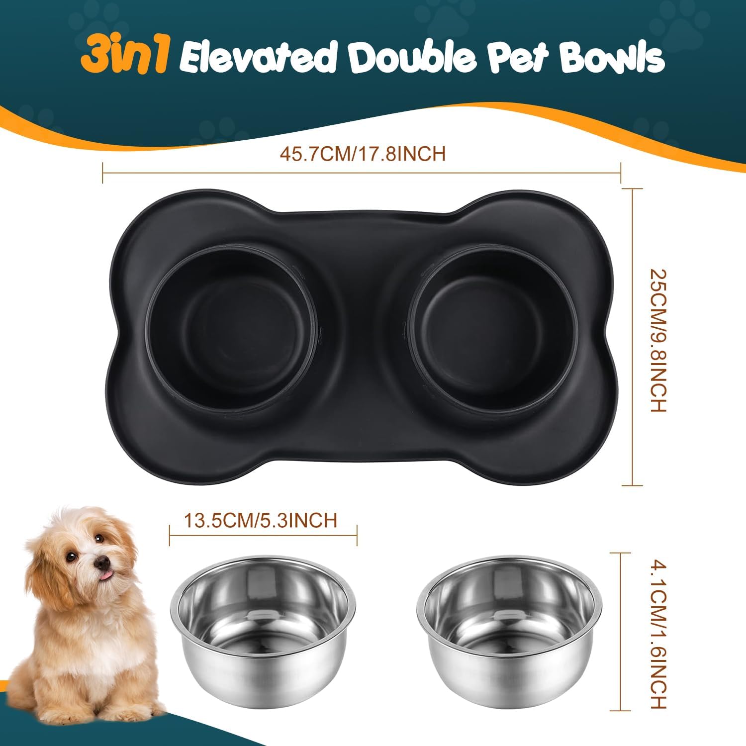 Bonve Pet Double Dog Food Bowls Stainless Steel & Water Dish with No-Spill and Non-Slip Silicone Mat, Removable Puppy Feeder Bowls for Small Medium Size Cat Dogs Kitten,14oz - Happypetzone.online - Image 3