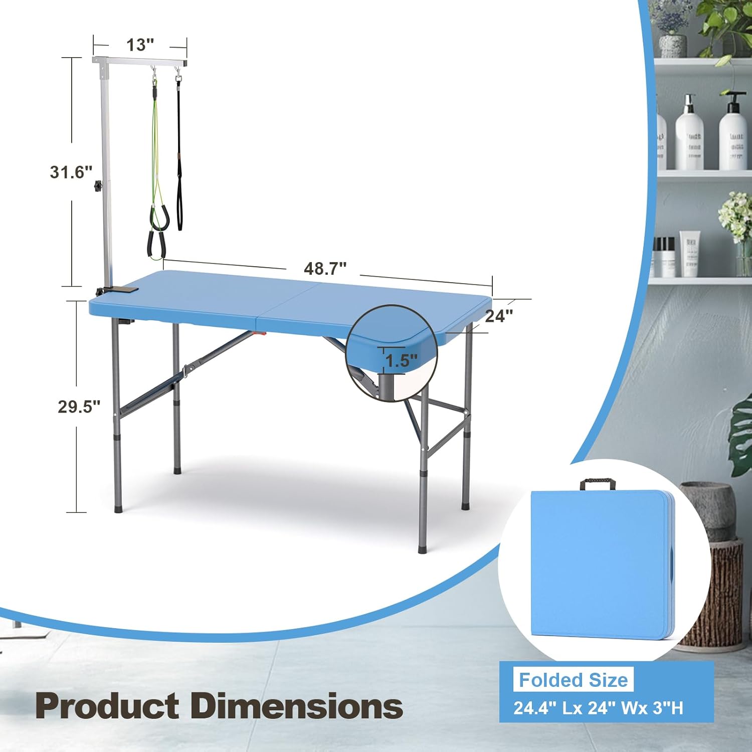 ynhurenth 49'' Pet Grooming Table for Large Dogs, Foldable Professional Grooming Table for Dogs at Home with Double Loops/Adjustable Arm, Capacity up to 330lbs, Blue - Happypetzone.online - Image 2