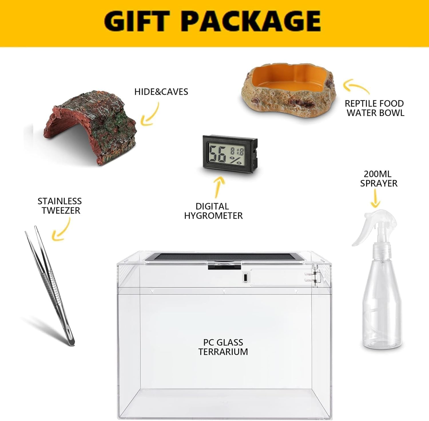 HELIME Reptile Polycarbonate Terrarium Kit 5 Piece Starter Habitat for Tarantula,Lizards,Frogs,Geckos,or Hermit Crabs,Tank with Escape-Proof Locking Lid,Hygrometer,Hide,Tweezer,Bowl,Sprayer - Happypetzone.online - Image 8