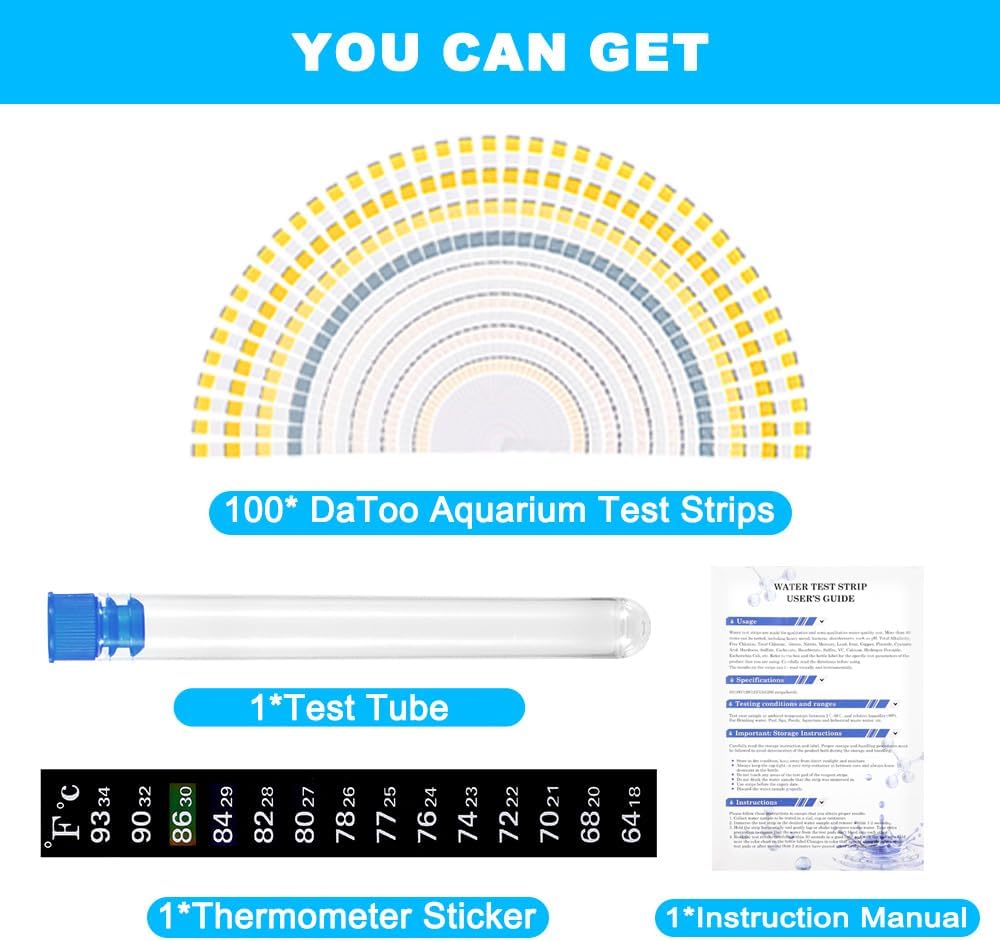 DaToo 8 in 1 Aquarium Test Kit Fish Tank Test Strips Accurate Water Quality Testing Strips for Ammonia PH Total Alkalinity Carbonate Hardness Free Chlorine Nitrate Nitrite Temperature (100 Strips) - Happypetzone.online - Image 7