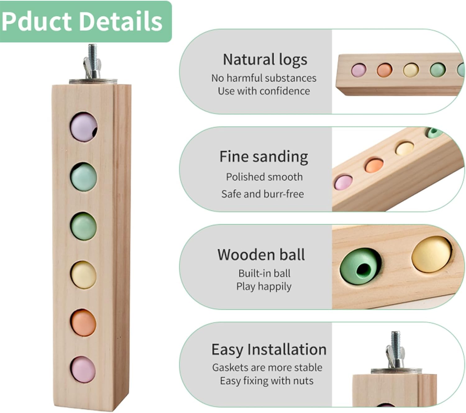 Bird Toys & Bird Perch, Bird Wooden Block Chewing Toy Parrot Foraging & Puzzle Toys Bird Cage Accessories for Conures Parakeets Cockatiels Lovebirds African Grey Macaws (Spinning Ball) - Happypetzone.online - Image 5
