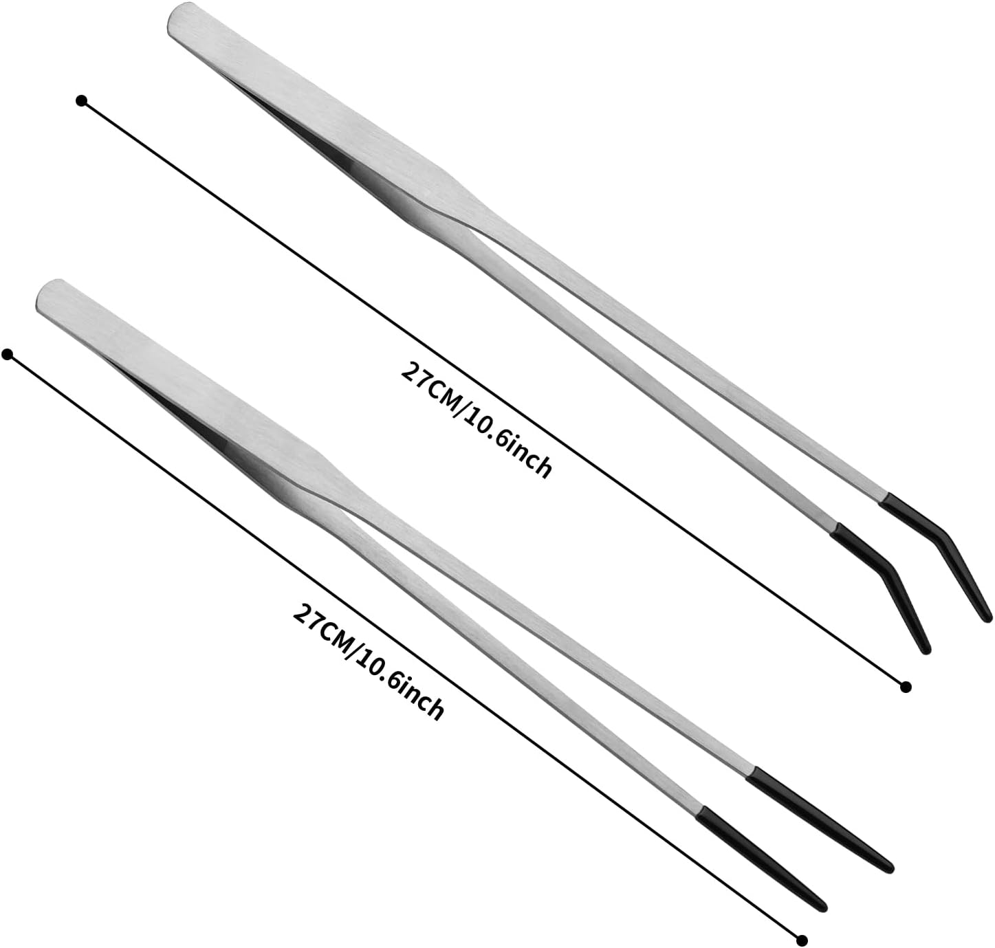 Novery 2PCS Stainless Steel Reptile Feeding Tongs with Rubber Tip, 10.6” Straight & Curved Long Tweezers for Aquarium or Craft, Bearded Dragon Tank Snakes Enclosure Accessories, Terrarium Supplies - Happypetzone.online - Image 2