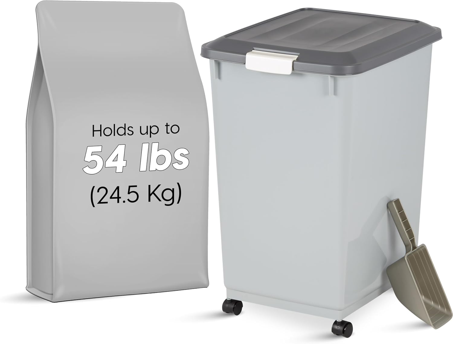 IRIS USA Dog Food Storage Container with Wheels, Airtight Lid, 2-Cup Scoop, Up to 54 Pounds Pet Food Storage, Built in Scoop Storage in Lid, Versatile Pet Food Bin, Portable, BPA Free, Gray/Dark Gray - Happypetzone.online - Image 2