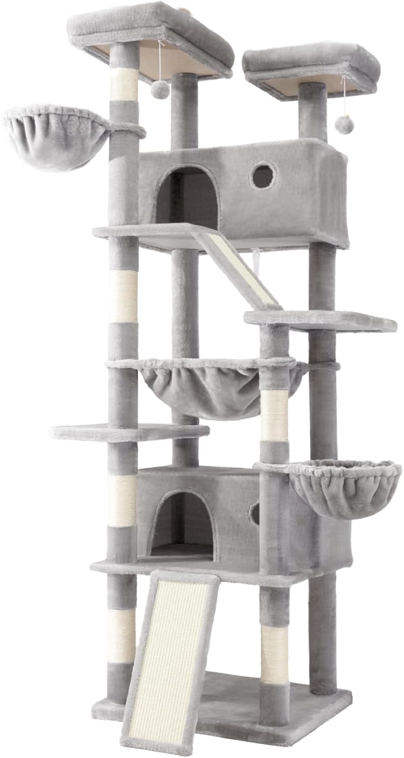 SHA CERLIN 81in Multi-Level Tall Cat Tree Tower for Indoor Kitties/Larger Cat Condo Furniture with Hammock/Cozy Pussycat Perches/Sisal Scratching Posts/Pet House/Wide Base/Grey - Happypetzone.online - Image 9