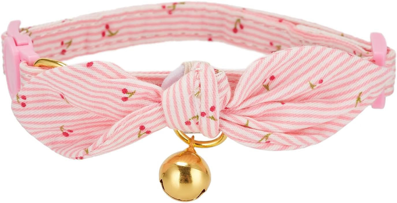 Cotton Bowtie Cat Collar with Bell 2 Pack Adjustable Breakaway Kitten Collars with Removeable Bow Pink Girl Cat Collars - Happypetzone.online - Image 2