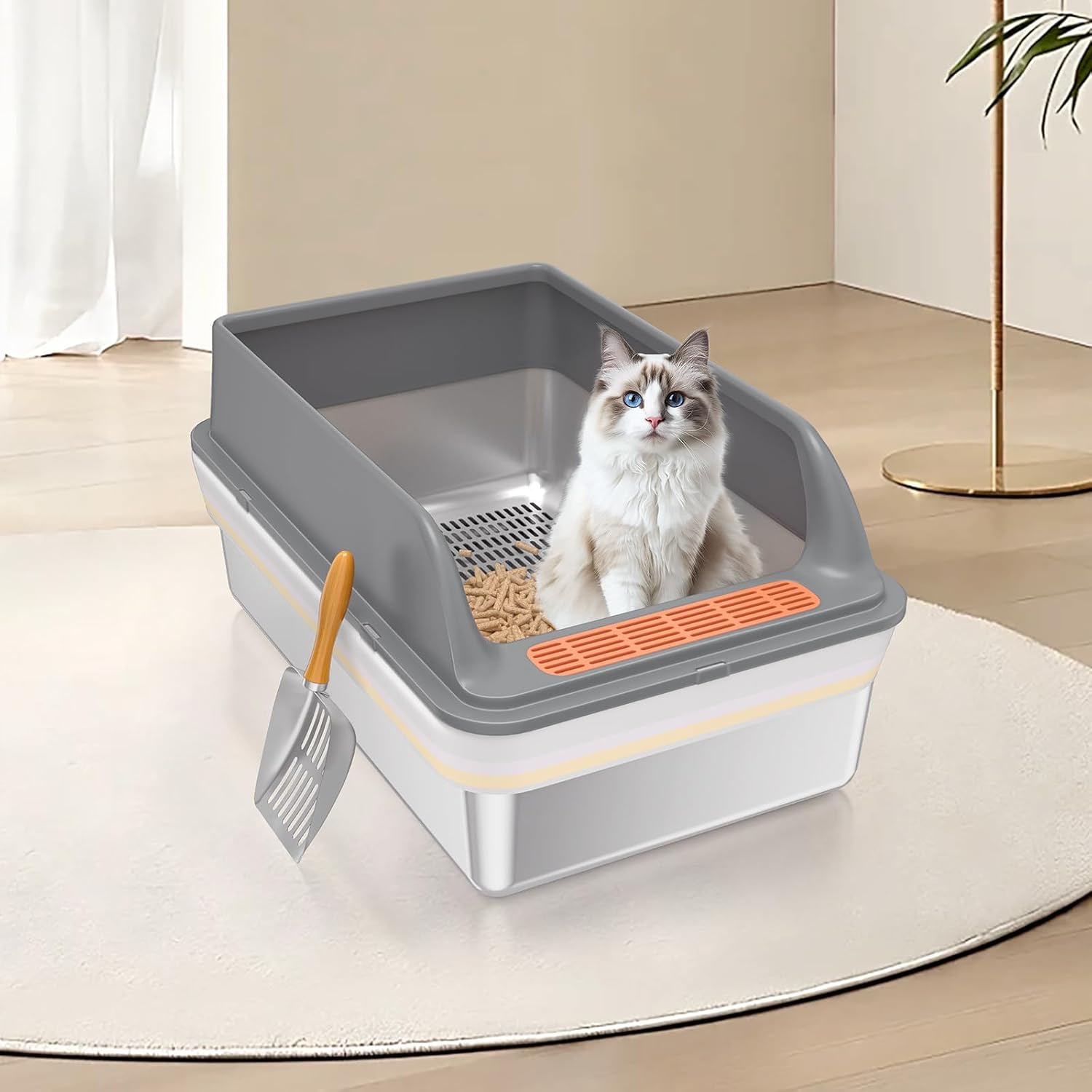 Stainless Steel Sifting Litter Box with Lid, XL Extra Large Sifting Cat Litter Box for Pine Pellets & Big Cats,Metal Pellet Sifter Litter Pan System for Odor Control,Sifting Box Liners & Scoop - Happypetzone.online - Image 6