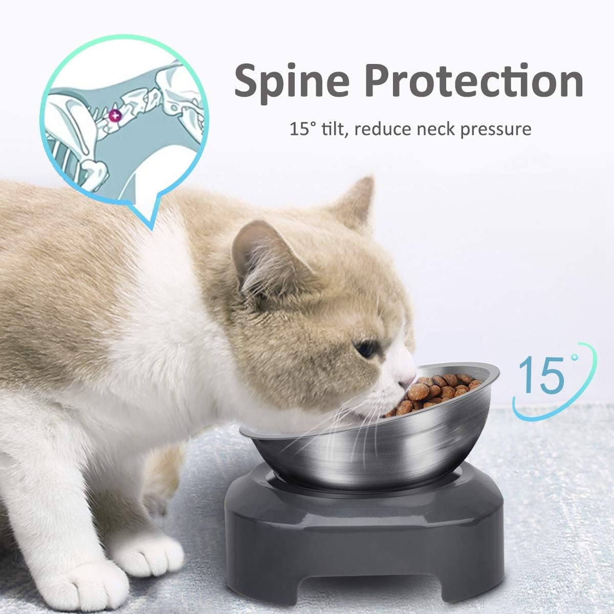 AYADA Raised Cat Food Bowl, Stainless Steel Cat Dish for Dry Wet Food Water, Anti Vomiting Elevated with Stand Ergonomic Lifted Slanted Tilted 15 Angle Metal Single Kitty Kitten Pet Bowl (Single) - Happypetzone.online - Image 3