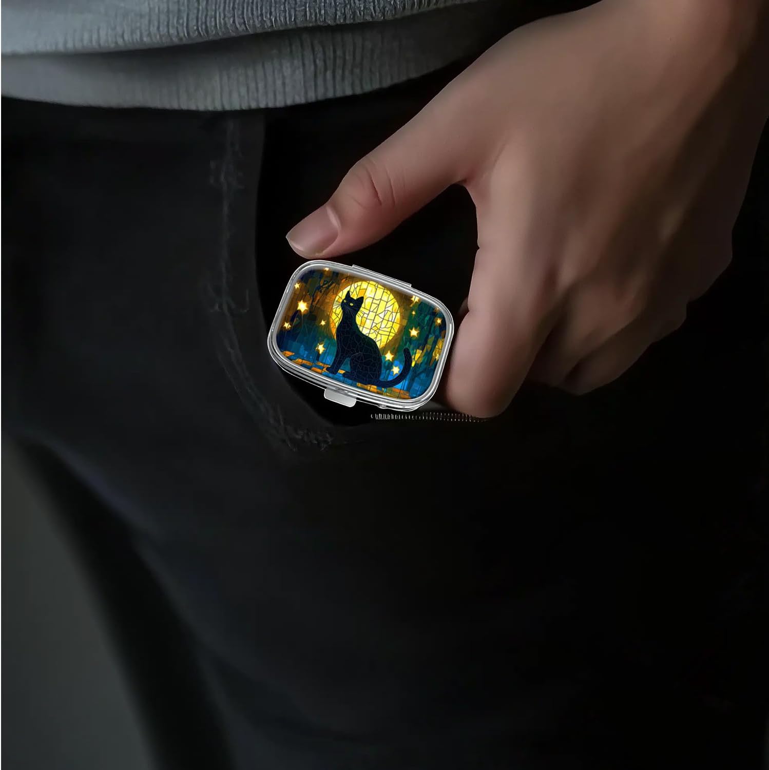 Pill Box-2 Compartment Small Pill Case Portable for Pocket & Purse Single Pill Carrier Pill Container to Hold Vitamins Medication Fish Oil and Supplements BPA-Free(Moon Cat) - Happypetzone.online - Image 6