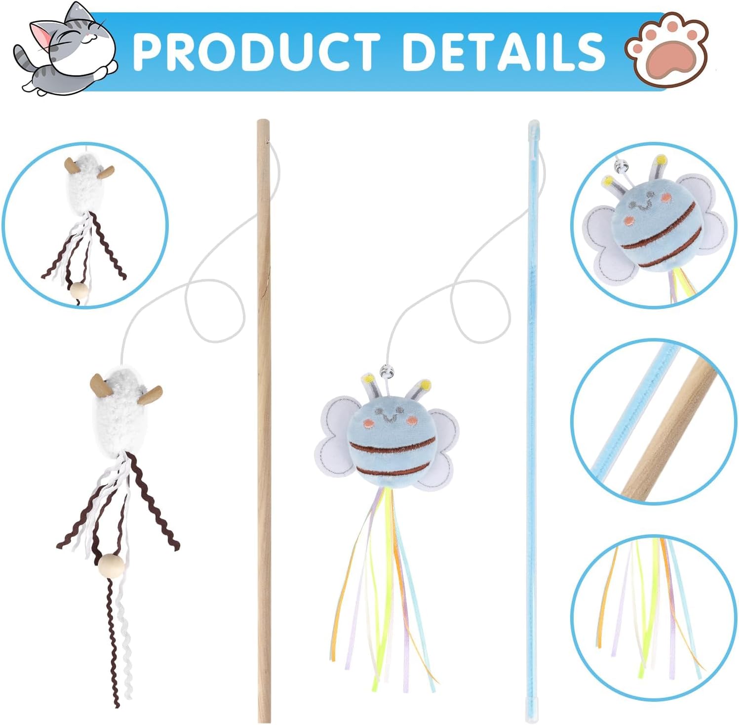 NOWFRESH Cat Wand Toy Set, 2 PCS Interactive Cat Teaser Wands with Cute Bee & Mouse Designs, Equipped with Bells and Streamers to Captivate Your Cat’s Attention - Happypetzone.online - Image 3