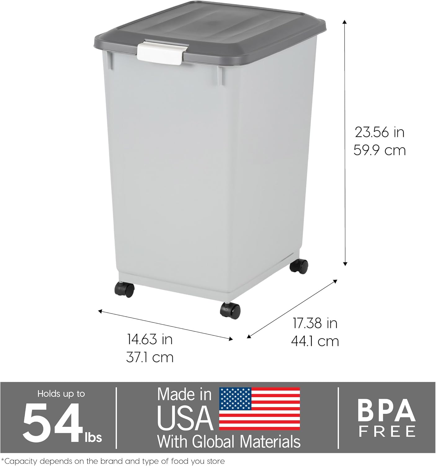 IRIS USA Dog Food Storage Container with Wheels, Airtight Lid, 2-Cup Scoop, Up to 54 Pounds Pet Food Storage, Built in Scoop Storage in Lid, Versatile Pet Food Bin, Portable, BPA Free, Gray/Dark Gray - Happypetzone.online - Image 3