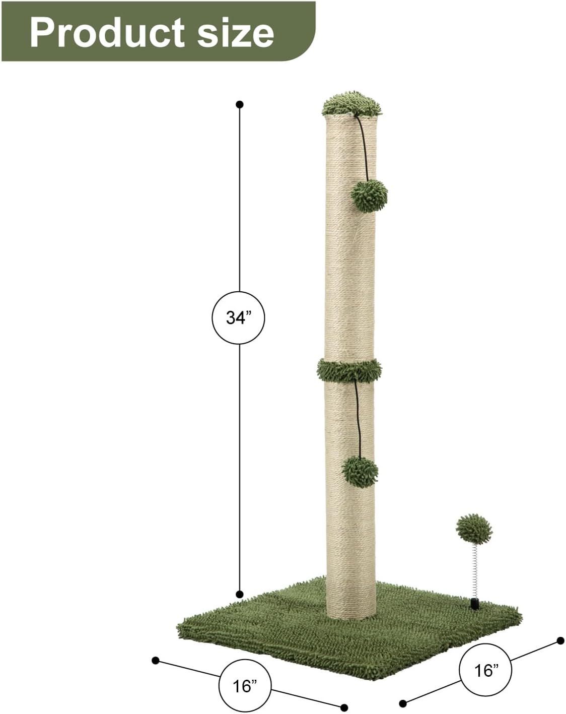 MECOOL 34“ Tall Cat Scratching Post Premium Basics Kitten Scratcher Sisal Scratch Posts Trees with Hanging Ball for Indoor Cats (34 inches for Adult Cats, Cactus Green) - Happypetzone.online - Image 4