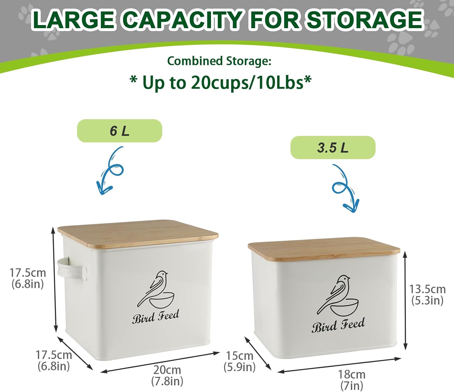 Airtight Bird Seed Storage Container Set of 2, 10LB Metal Bird Food Container with Bamboo Lids,Wild Bird Seed Tin for Storing Sunflower Seed-Squirrel proof -White - Happypetzone.online - Image 4