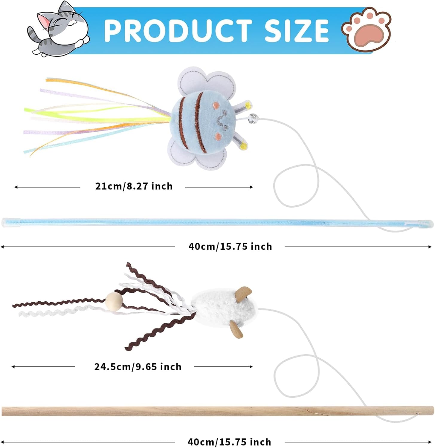 NOWFRESH Cat Wand Toy Set, 2 PCS Interactive Cat Teaser Wands with Cute Bee & Mouse Designs, Equipped with Bells and Streamers to Captivate Your Cat’s Attention - Happypetzone.online - Image 2