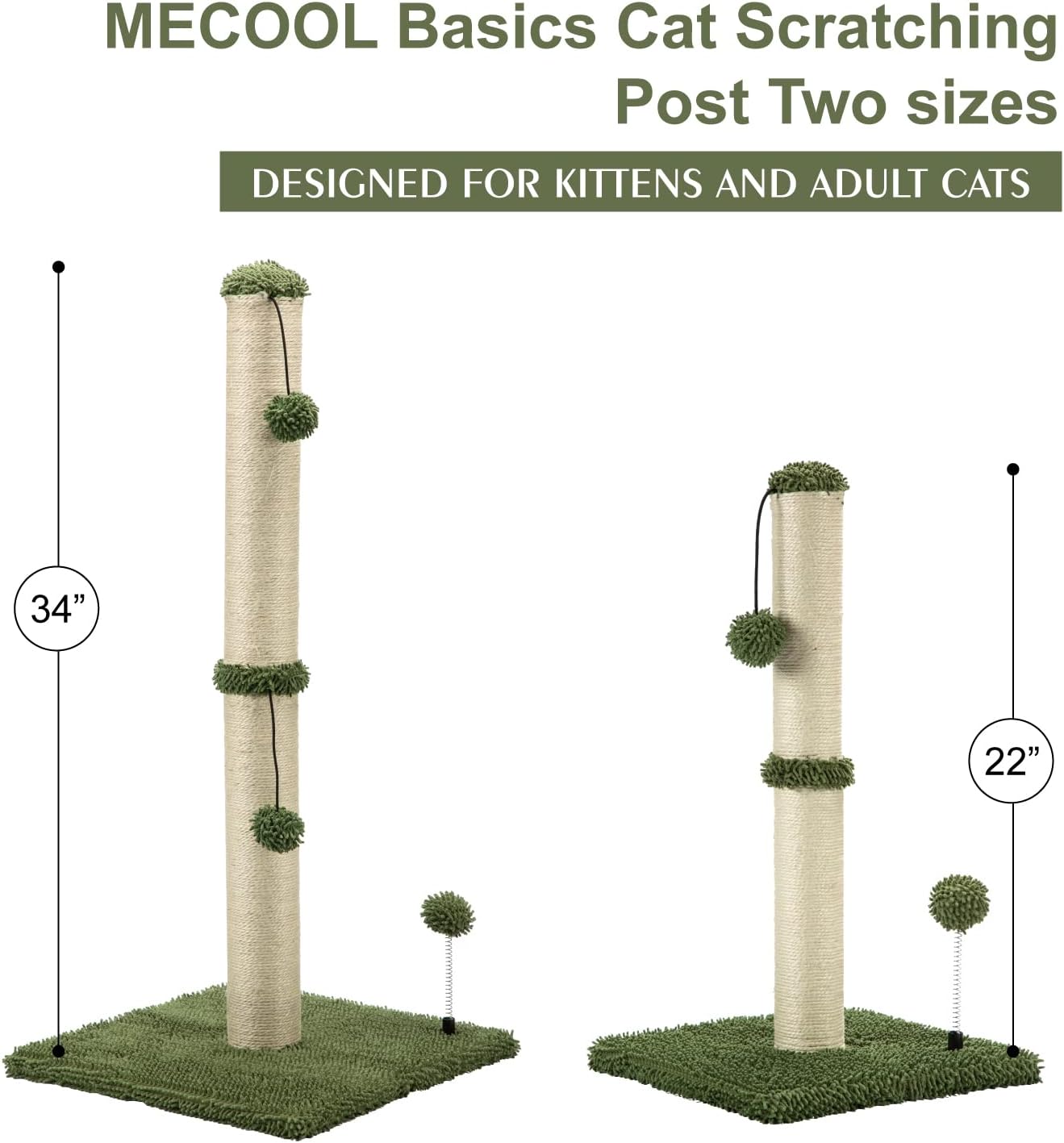 MECOOL 34“ Tall Cat Scratching Post Premium Basics Kitten Scratcher Sisal Scratch Posts Trees with Hanging Ball for Indoor Cats (34 inches for Adult Cats, Cactus Green) - Happypetzone.online - Image 6