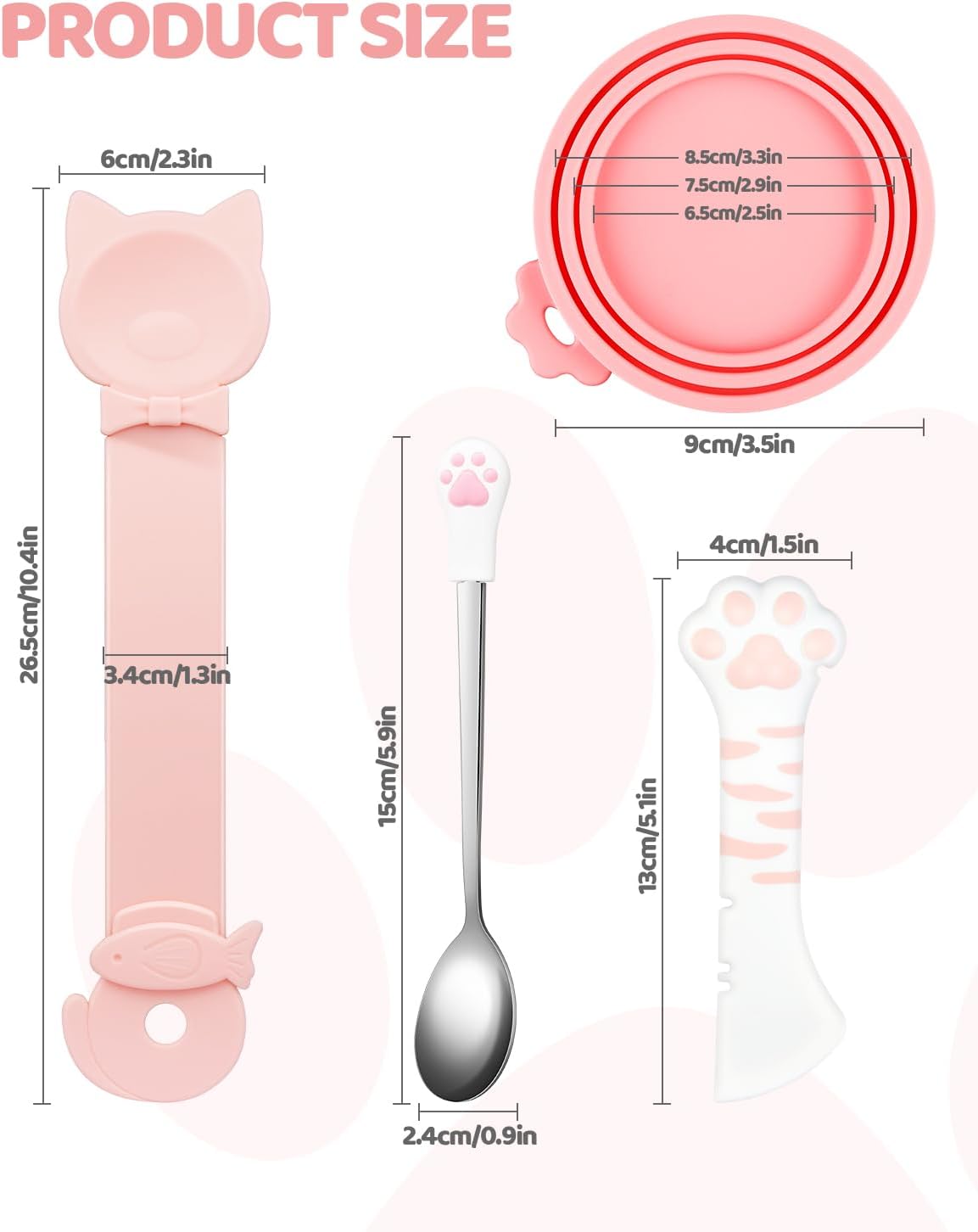 5 PCS Cat Food Can Covers Lids Set, Silicone Pet Food Can Lids with Multi-Function Cat Food Spoon and Opener, Cat Bar Squeezer, Stainless Steel Wet Food Spoon for Cats and Dogs (Pink) (Pink) - Happypetzone.online - Image 2
