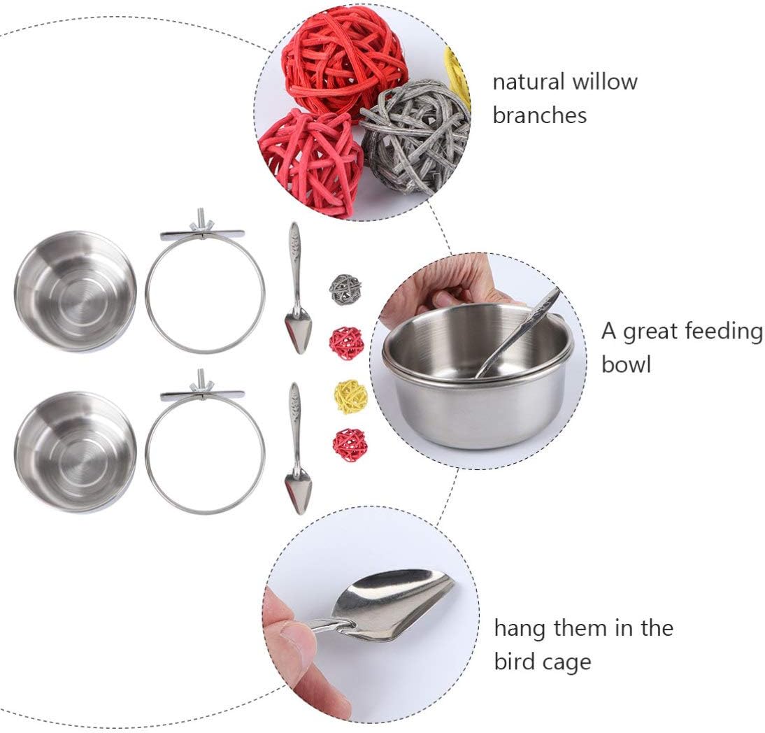 Toddmomy 8pcs Stainless Steel Parrot Feeding Set Bite Chinlon Spoons Bowls Organic Willow Material for Birds Easy Feeding - Happypetzone.online - Image 5