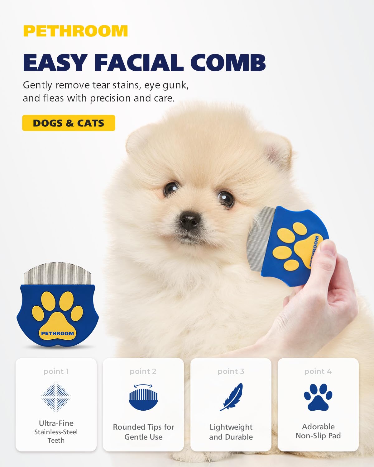 PETHROOM Professional Eye Comb for Pets | Stainless Steel Tear Stain Remover for Cats & Dogs | Gentle Round-Head Grooming Tool | Compact & Portable for Eye Gunk Removal - Happypetzone.online - Image 2