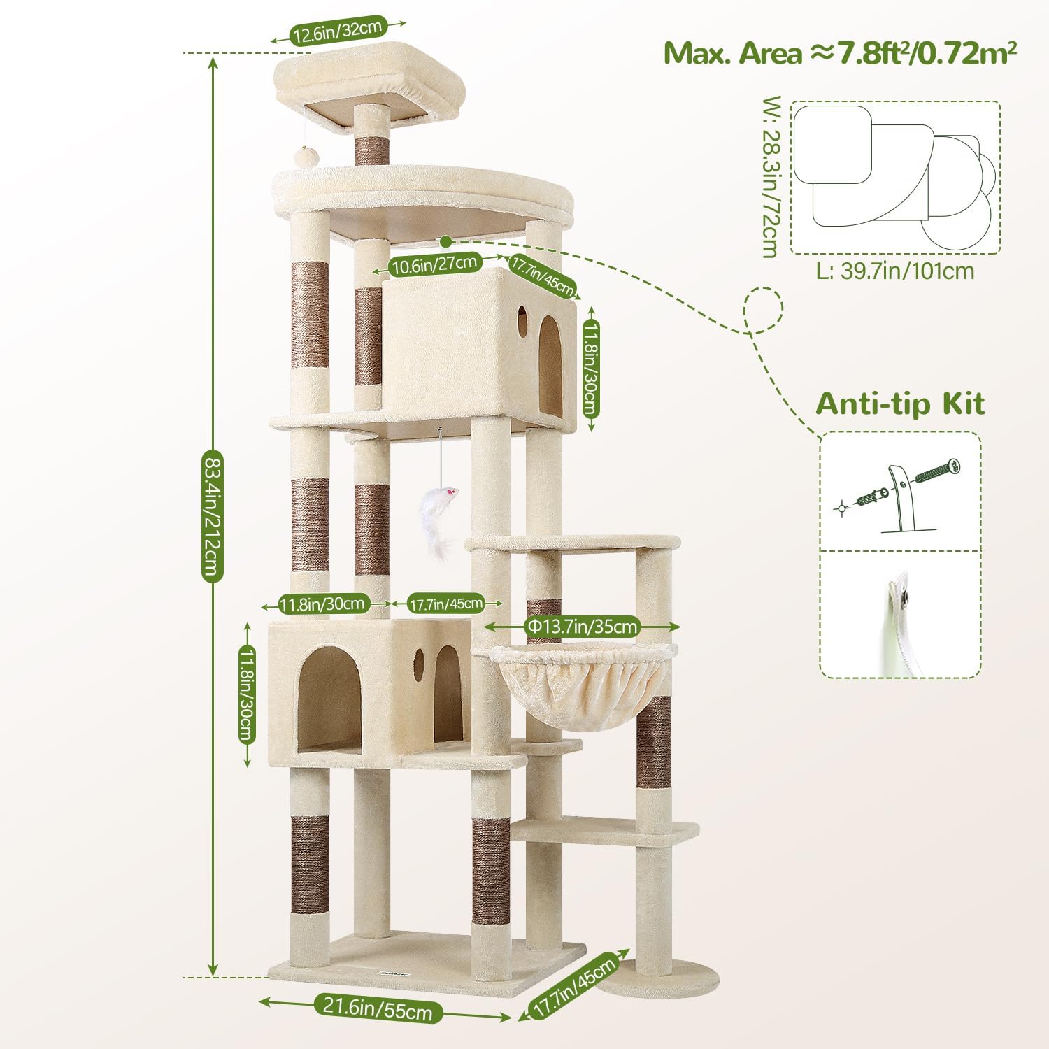 Globlazer Giant Cat Tree, 83 inch Cat Tree for Indoor Cats Large Adult, XXL Cat Tower with 9 Scratching Posts for 20lb+ Heavy Duty Large Adult Cats, F83, Beige - Happypetzone.online - Image 7