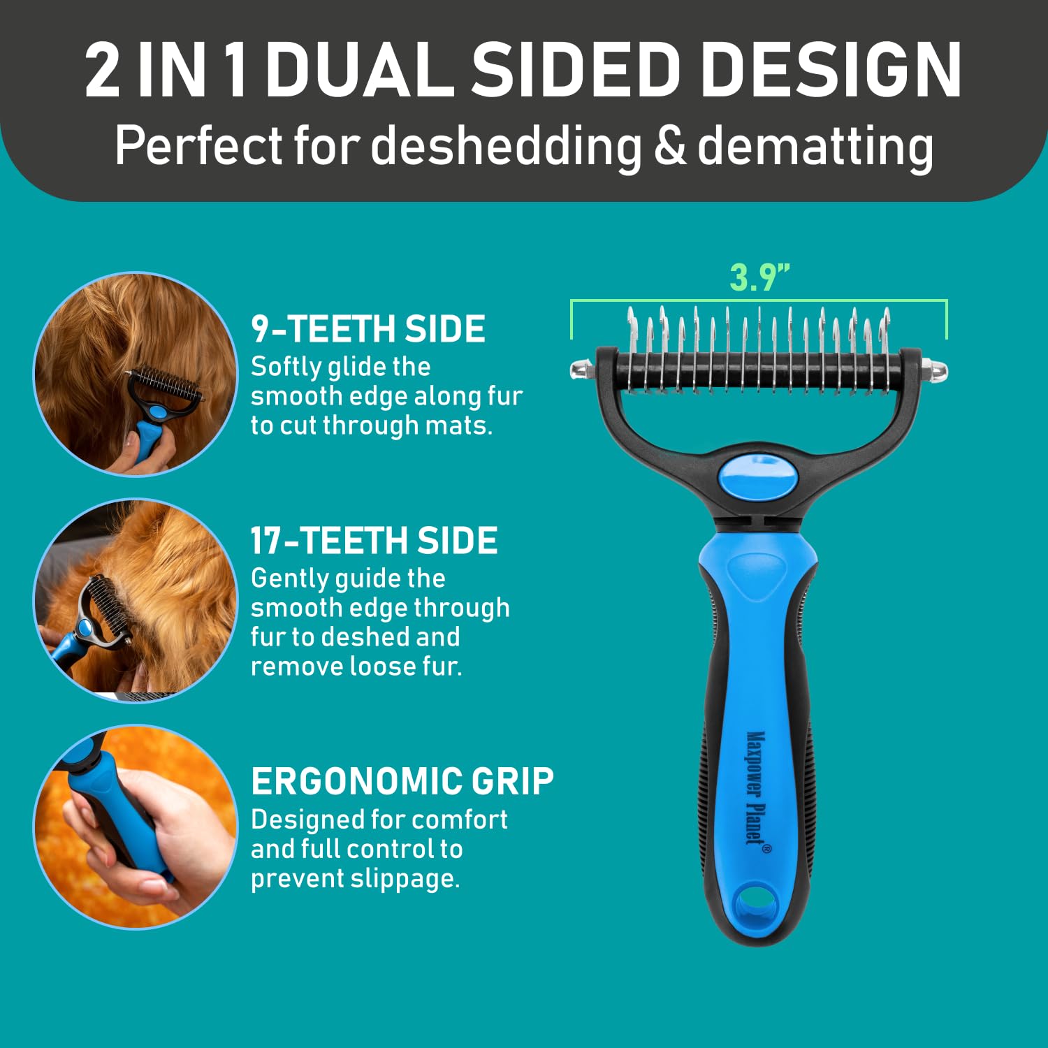 Maxpower Planet Pet Grooming Brush and 2X Grooming Gloves Combo - Double Sided Dematting, Deshedding Undercoat Rake for Dogs and Cats - Reduce Shedding Easily - Blue - Happypetzone.online - Image 2
