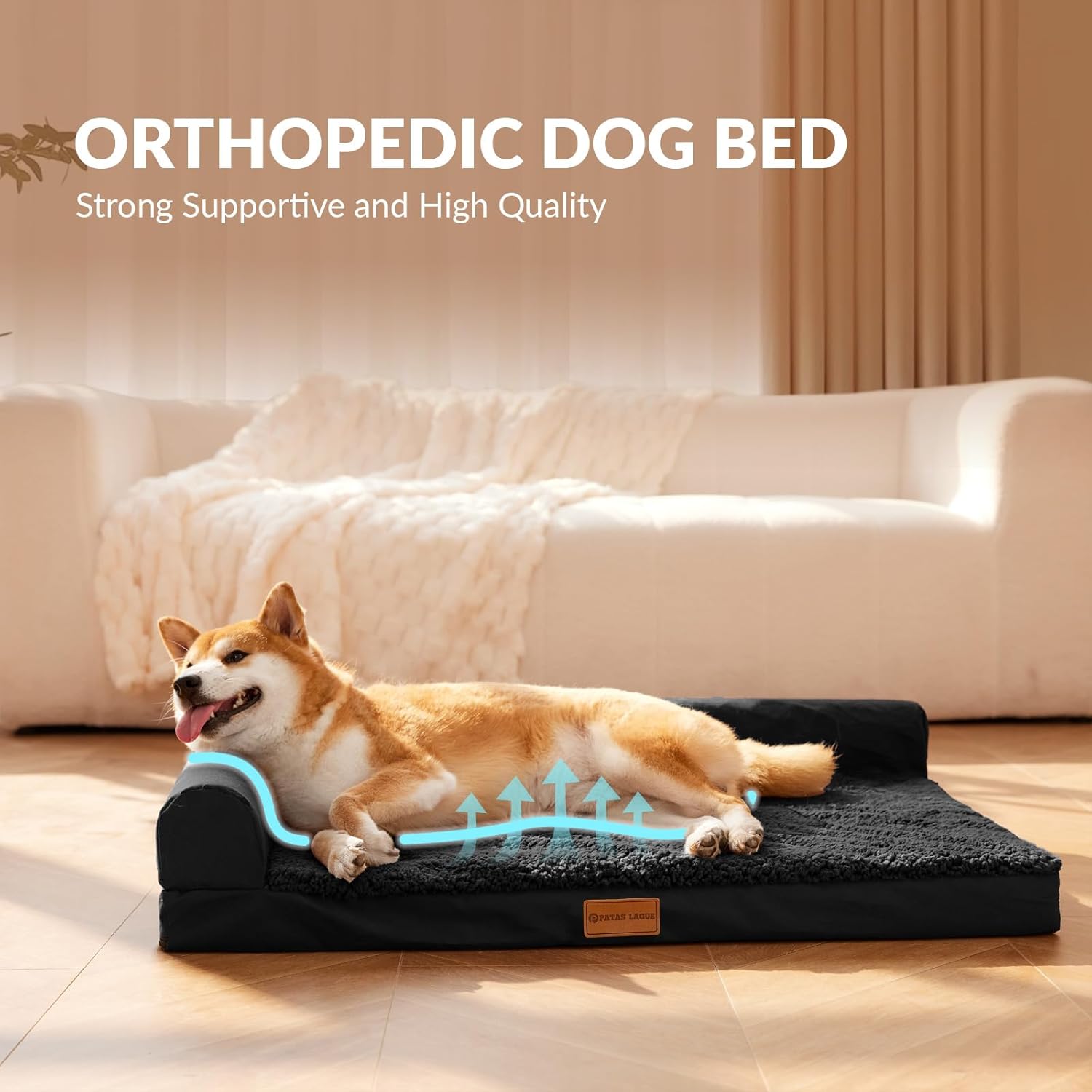 Patas Lague Orthopedic Dog Bed Large Sized Dog 36''X24'', Waterproof L Bolster Medium Pet Sofa Beds with Removable Washable Cover, Soft Comfortable Pet Couch Crate Mat with Nonskid Bottom, Black - Happypetzone.online - Image 3