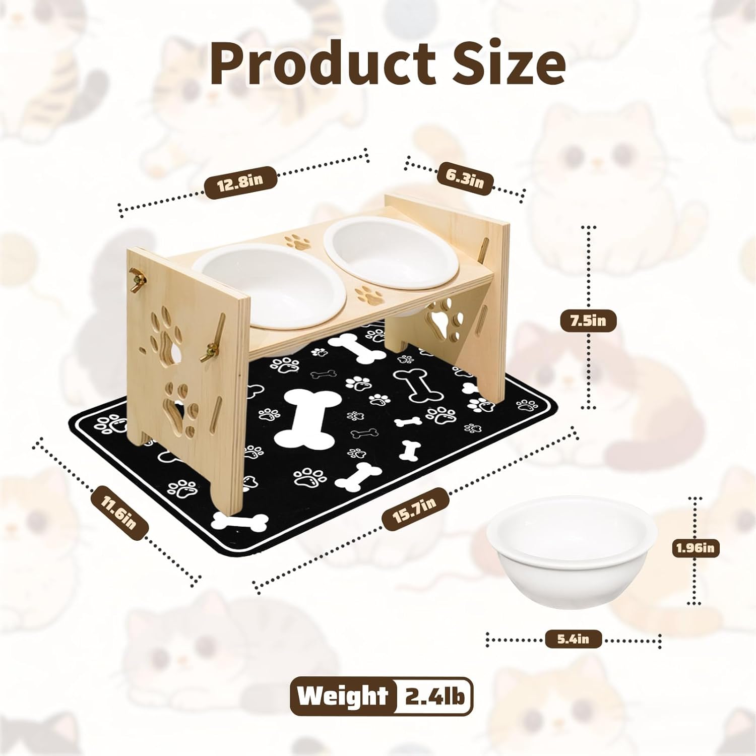 2026 New Elevated Cat Bowls with Food Mat, Adjustable Height & Angle Raised Cat & Dog Bowls Stand for Food and Water, Cat or Small Dog Feeding Station, 2 Ceramic Bowls for Cats and Puppy(Natural Wood) - Happypetzone.online - Image 6