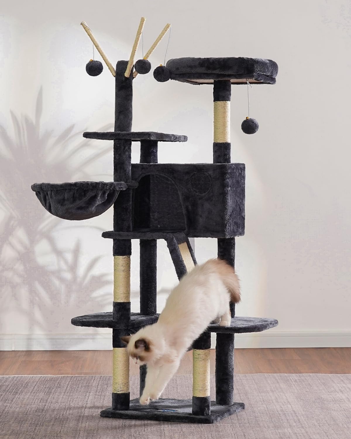 Hey-brother Cat Tree, 53 inch Cat Tower for Indoor Cats, Cat House with Padded Platform Bed, Toy Balls, Large Cozy Condo, Hammocks and Sisal Scratching Posts, Smoky Gray MPJ019-SG - Happypetzone.online - Image 8