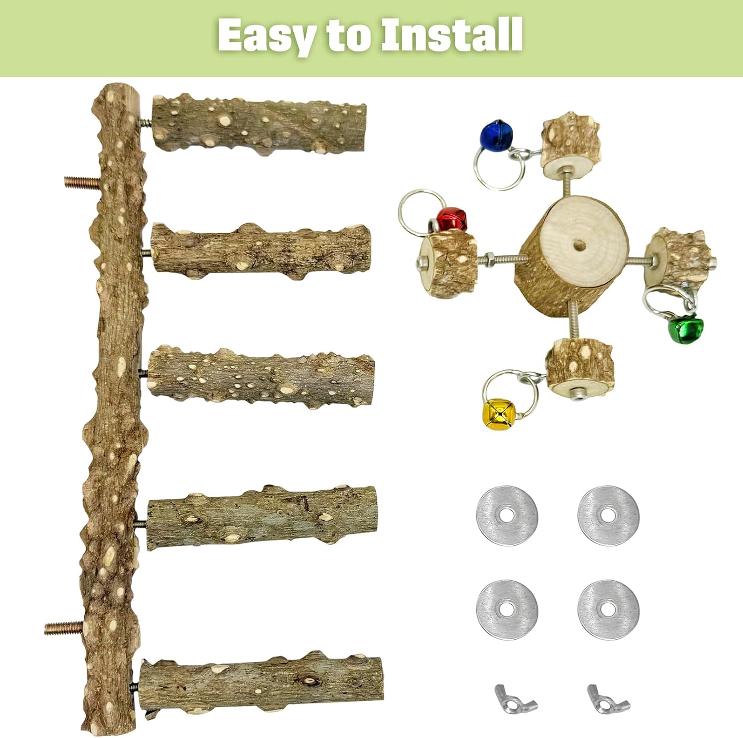 BNOSDM Natural Wood Bird Ladder Perch with Rotating Bell Toys-Exercise Stands for Parrot Climbing Chewing Parakeet Bridge Cage Accessories for Cockatiel, Conures, Lovebirds, Budgie - Happypetzone.online - Image 4
