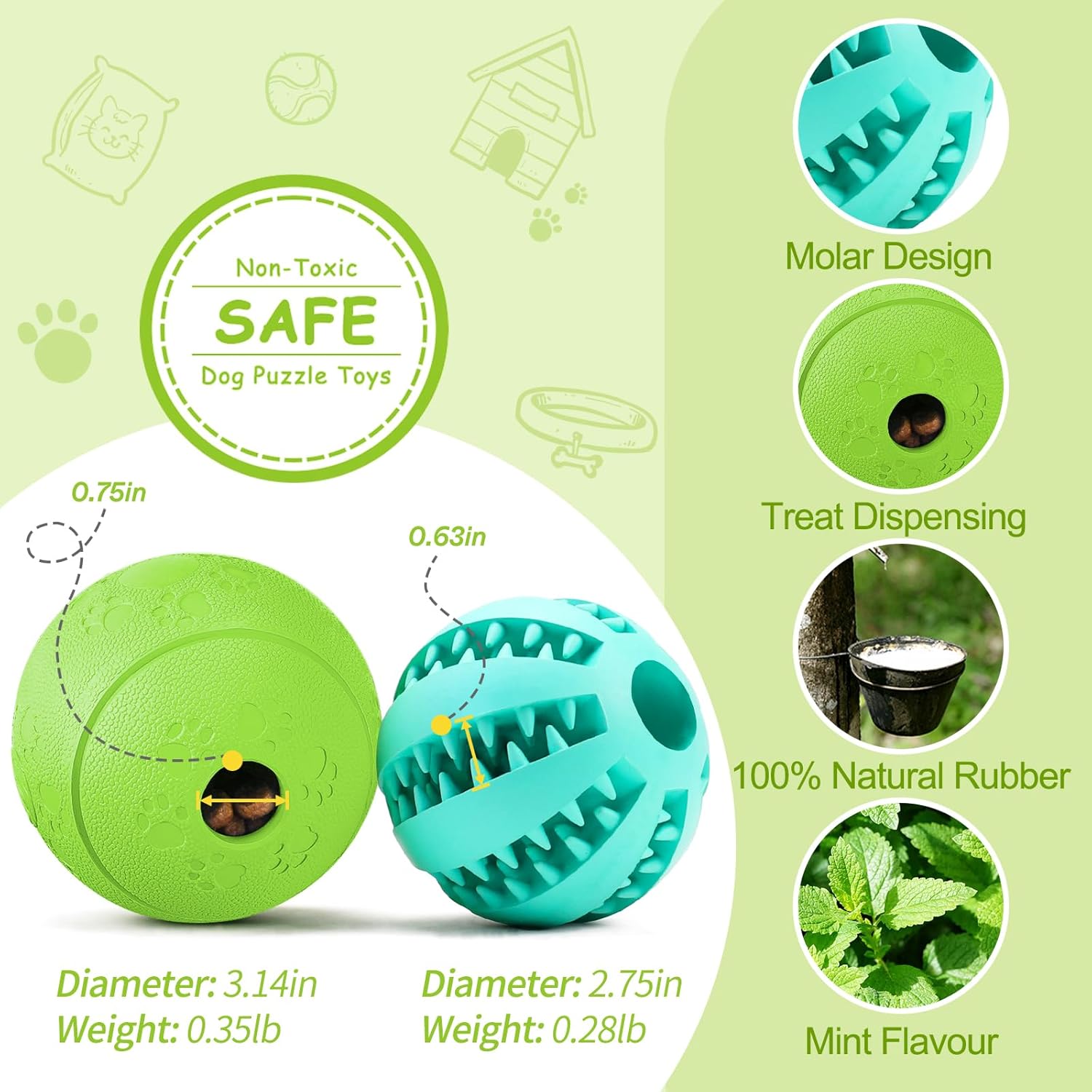 HIPPIH Dog Puzzle Toy 2 Pack, Interactive Dog Toys for Treat Dispensing, Durable Puppy Toys for Teething, Dog Treat Ball for Teeth/Slow Feeder/IQ Training/Playing, Blue-2.75‘’, Green-3.14‘’ - Happypetzone.online - Image 2