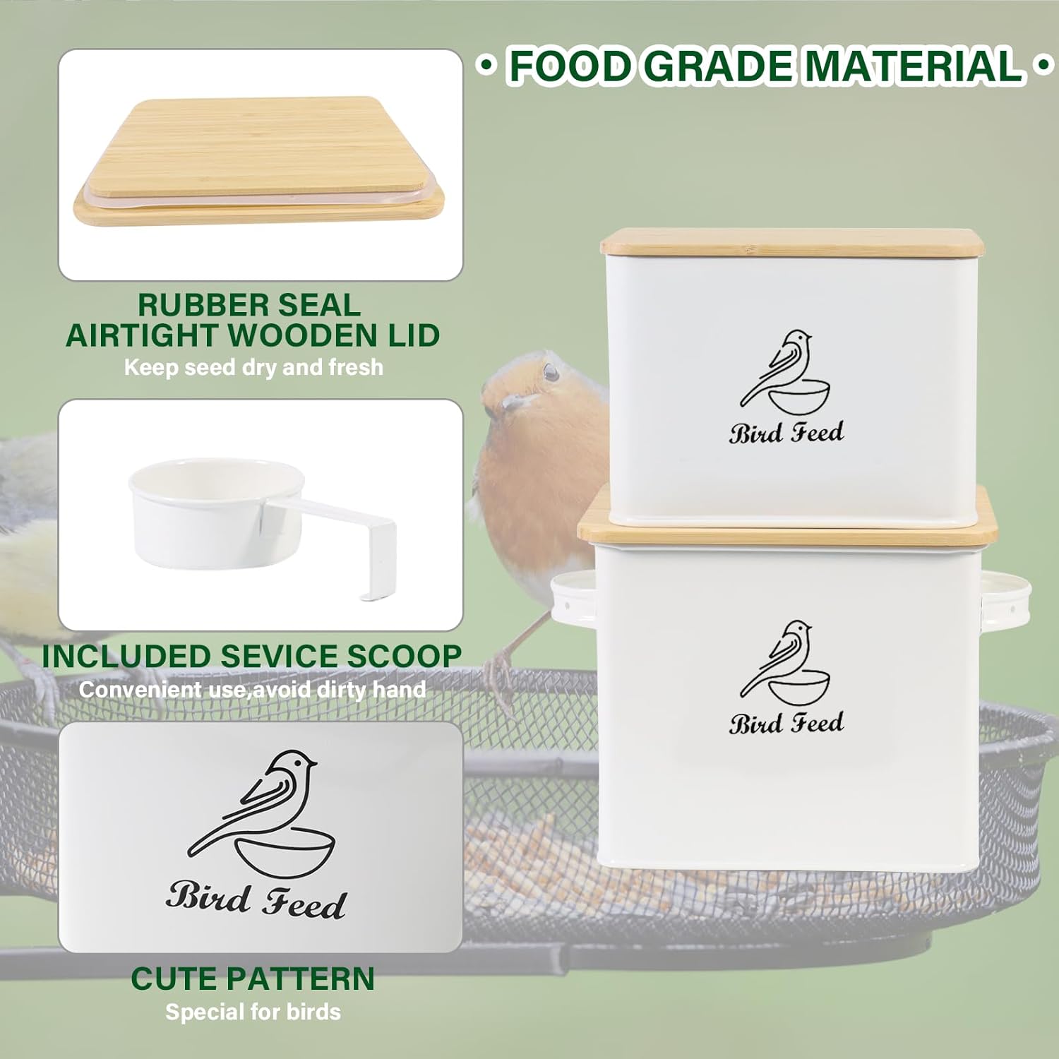 Airtight Bird Seed Storage Container Set of 2, 10LB Metal Bird Food Container with Bamboo Lids,Wild Bird Seed Tin for Storing Sunflower Seed-Squirrel proof -White - Happypetzone.online - Image 3
